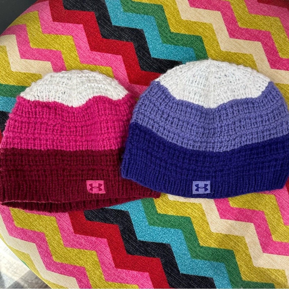 (2) Under Armour Stria Beanie Purple Pink Mesh Lining Cozy Warm